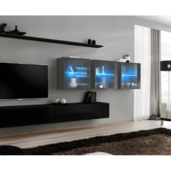Ensemble Meuble Salon Mural SWITCH XVII Design, Coloris Noir Et Gris Brillant.