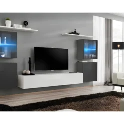 Ensemble Meuble Salon Mural SWITCH XIV Design, Coloris Blanc Et Gris Brillant.