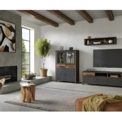 Ensemble 3 Meubles De Salon Collection WINDSOR. Coloris Gris Anthracite Et ChĂȘne FoncĂ©.