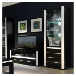 Ensemble Pour Votre Salon LINA. Meuble Tv Hifi + Vitrine Petit Modèle + LED. Meubles Design Haute Brillance