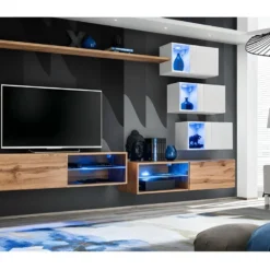 Ensemble Meubles De Salon SWITCH XXIV Design, Coloris Chêne Et Blanc.