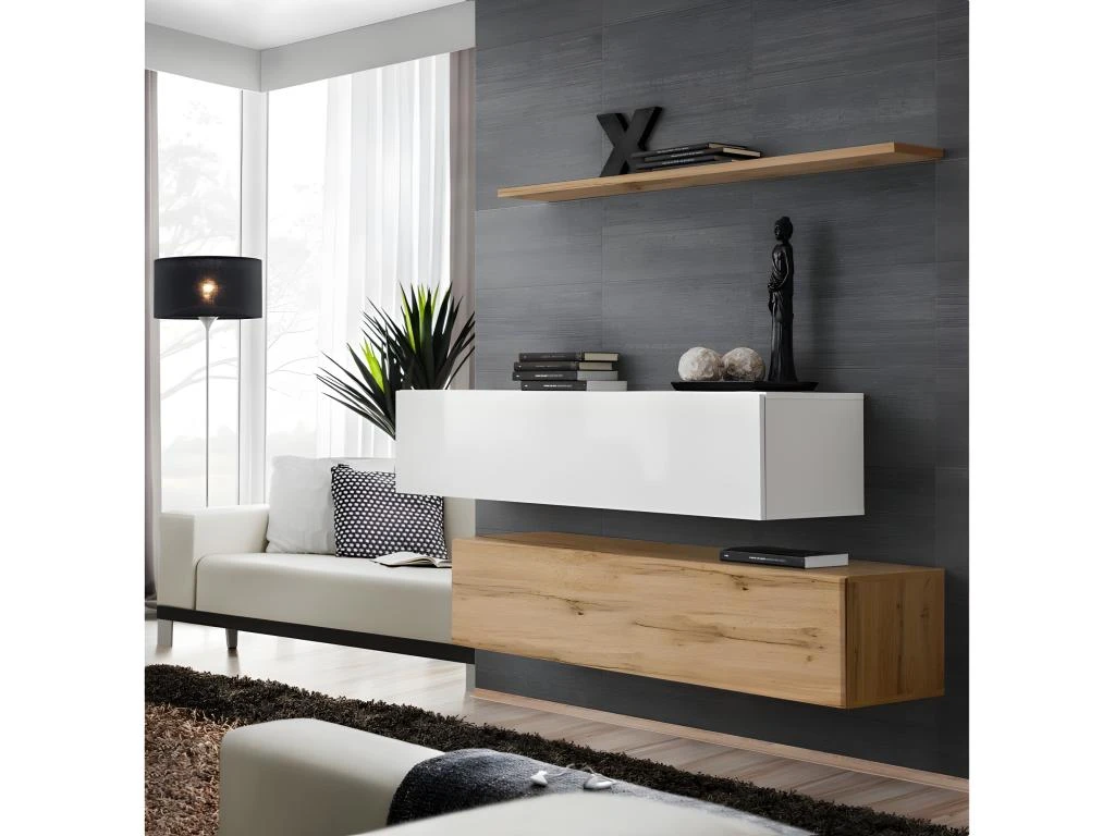 Ensemble Meubles De Salon SWITCH SBII Design, Coloris Chêne Wotan Et Blanc Brillant. 3 Ensemble Meubles De Salon SWITCH SBII Design, Coloris Chêne Wotan Et Blanc Brillant.