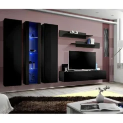 Meuble TV FLY C4 Design, Coloris Noir Brillant. Meuble Suspendu Moderne Et Tendance Pour Votre Salon.