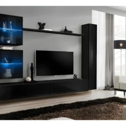 Ensemble Meuble Salon Mural SWITCH XVIII Design, Coloris Noir Brillant.