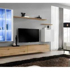 Ensemble Meuble Salon Mural SWITCH XII Design, Coloris Chêne Wotan Et Blanc Brillant.