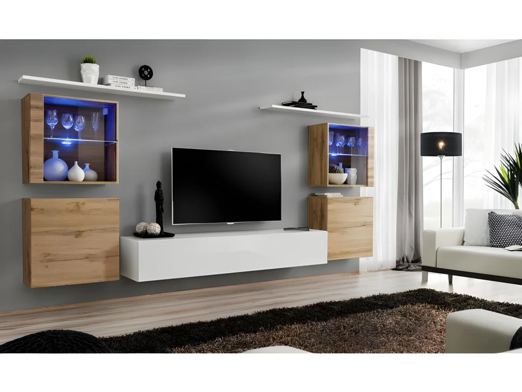 Ensemble Meuble Salon Mural SWITCH XIV Design, Coloris Blanc Brillant Et Chêne Wotan. 3 Ensemble Meuble Salon Mural SWITCH XIV Design, Coloris Blanc Brillant Et Chêne Wotan.