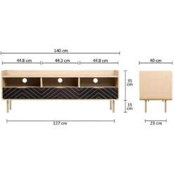 Meuble TV - Style Chic - Panneaux De Particules - Chene Et Motifs - L 140 X L 40 X H 50 Cm - Avec 3 Tiroirs Et 3 Etageres - LINE -Pas Cher Mobiliora Magasin meuble tv 12591025