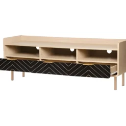 Meuble TV - Style Chic - Panneaux De Particules - Chene Et Motifs - L 140 X L 40 X H 50 Cm - Avec 3 Tiroirs Et 3 Etageres - LINE -Pas Cher Mobiliora Magasin meuble tv 12591027