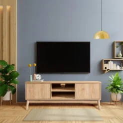 Pas Cher Mobiliora Magasin 19 Meuble TV Buffet Bas En Bambou Mdf 2 Portes Étagères Pour Salon