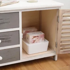 Armoire Meuble TV 2 Portes 3 Tiroirs Bois Blanc Gris 44x90x34 -Pas Cher Mobiliora Magasin meuble tv 12611191