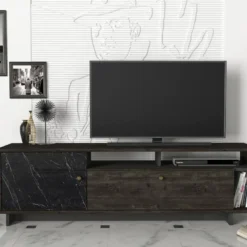 Meuble TV Avec 2 Portes Et 3 Niches - Effet Marbre Noir Et Naturel Foncé - ETALA