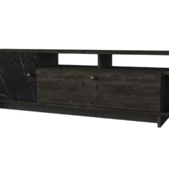 Meuble TV Avec 2 Portes Et 3 Niches - Effet Marbre Noir Et Naturel Foncé - ETALA -Pas Cher Mobiliora Magasin meuble tv 12668925