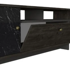 Meuble TV Avec 2 Portes Et 3 Niches - Effet Marbre Noir Et Naturel Foncé - ETALA -Pas Cher Mobiliora Magasin meuble tv 12668929