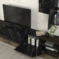 Ensemble TV Avec Rangements - Effet Marbre Noir Et Naturel Foncé - ZALTIA -Pas Cher Mobiliora Magasin meuble tv 12668999