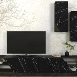 Ensemble TV Avec Rangements - Effet Marbre Noir Et Naturel Foncé - ZALTIA