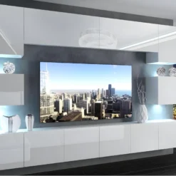 KLARI - Ensemble Meubles TV - Unité Murale Largeur 300 Cm - Mur TV à Suspendre Finition Gloss - Sans LED