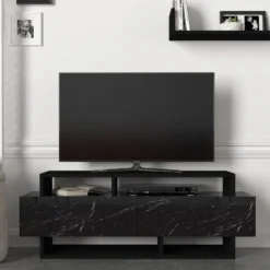 Ensemble TV Avec Rangements - Noir Et Effet Marbre Noir - IBARIA