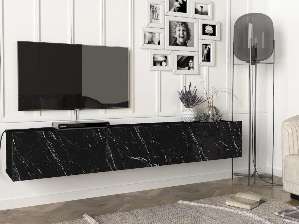 Meuble TV Suspendu Avec 3 Portes - Effet Marbre Noir - VIKILA 4 Meuble TV Suspendu Avec 3 Portes - Effet Marbre Noir - VIKILA – Image 2