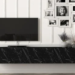 Meuble TV Suspendu Avec 3 Portes - Effet Marbre Noir - VIKILA