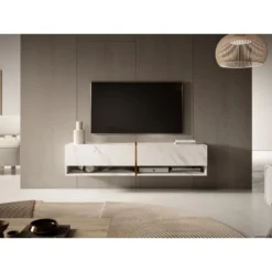 Meuble Tv 140 Cm -marbre Blanc Avec Insert D'or - MIRRGO