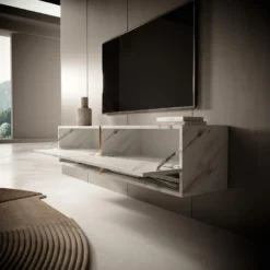 Meuble Tv 140 Cm -marbre Blanc Avec Insert D'or - MIRRGO -Pas Cher Mobiliora Magasin meuble tv 13387389