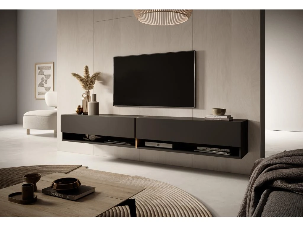 Meuble Tv 200 Cm -graphite Avec Insert Chêne Artisan - MIRRGO 4 Meuble Tv 200 Cm -graphite Avec Insert Chêne Artisan - MIRRGO – Image 2