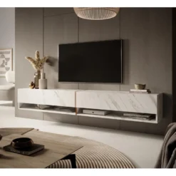 Meuble Tv 200 Cm -marbre Blanc Avec Insert D'or - MIRRGO -Pas Cher Mobiliora Magasin meuble tv 13387499