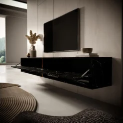 Meuble Tv 200 Cm -marbre Noir Avec Insert D'or - MIRRGO -Pas Cher Mobiliora Magasin meuble tv 13387533