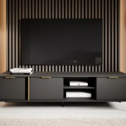 Meuble TV Avec 3 Portes Et 2 Niches - Anthracite Et Doré - PAVELI