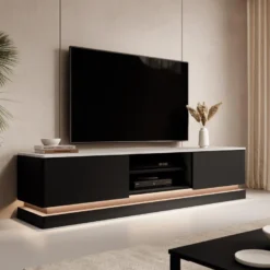 Meuble TV 2 Tiroirs Et 2 Niches Avec LEDs - MDF - Noir Et Effet Marbre Blanc - DEVIKA De Pascal MORABITO