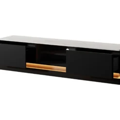 Meuble TV 2 Tiroirs Et 2 Niches Avec LEDs - MDF - Noir Et Effet Marbre Blanc - DEVIKA De Pascal MORABITO -Pas Cher Mobiliora Magasin meuble tv 13514075