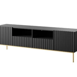 Meuble TV Avec 2 Portes, 2 Tiroirs Et 2 Niches En MDF Et Acier - Noir Et Doré - EVILANA -Pas Cher Mobiliora Magasin meuble tv 13514137