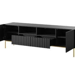 Meuble TV Avec 2 Portes, 2 Tiroirs Et 2 Niches En MDF Et Acier - Noir Et Doré - EVILANA -Pas Cher Mobiliora Magasin meuble tv 13514139