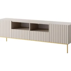 Meuble TV Avec 2 Portes, 2 Tiroirs Et 2 Niches En MDF Et Acier - Beige Et Doré - EVILANA -Pas Cher Mobiliora Magasin meuble tv 13514159