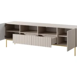 Meuble TV Avec 2 Portes, 2 Tiroirs Et 2 Niches En MDF Et Acier - Beige Et Doré - EVILANA -Pas Cher Mobiliora Magasin meuble tv 13514161