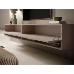 Meuble Tv 200 Cm - Couleur Gris-beige Avec Insert Doré - MIRRGO -Pas Cher Mobiliora Magasin meuble tv 13542937