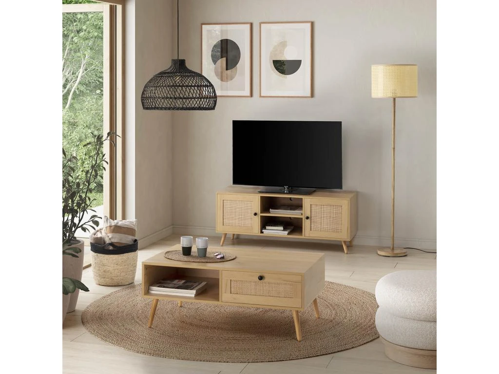 Meuble TV Bella 2 Portes Couleur Chêne Avec Rotin Naturel 9 Meuble TV Bella 2 Portes Couleur Chêne Avec Rotin Naturel – Image 7
