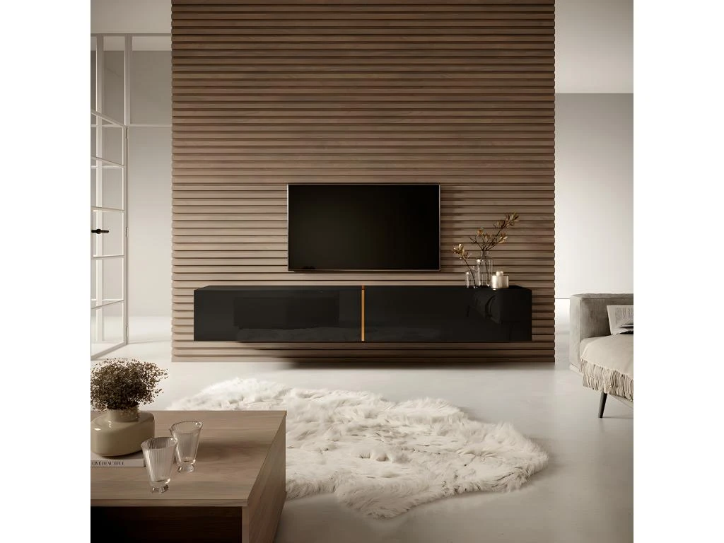 Meuble TV 200 Cm - Noir Avec Insert Doré - BISIRA 3 Meuble TV 200 Cm - Noir Avec Insert Doré - BISIRA