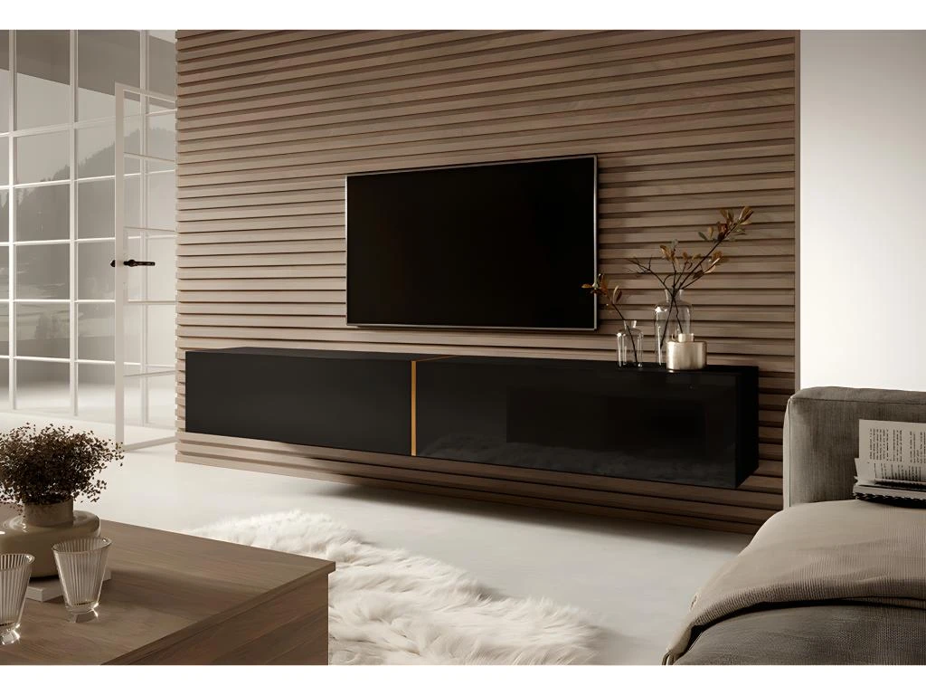 Meuble TV 200 Cm - Noir Avec Insert Doré - BISIRA 4 Meuble TV 200 Cm - Noir Avec Insert Doré - BISIRA – Image 2