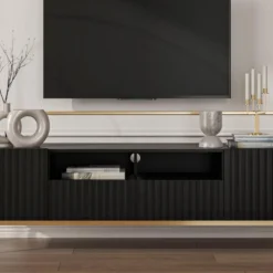 Meuble TV Avec 2 Portes, 2 Tiroirs Et 2 Niches En MDF Et Acier - Noir Et Doré - EVILANA -Pas Cher Mobiliora Magasin meuble tv 13670501