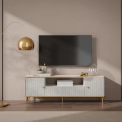 Meuble TV Avec 2 Portes, 1 Tiroir Et 1 Niche En MDF Et Acier - Blanc Et Doré - SINEAD De Pascal MORABITO