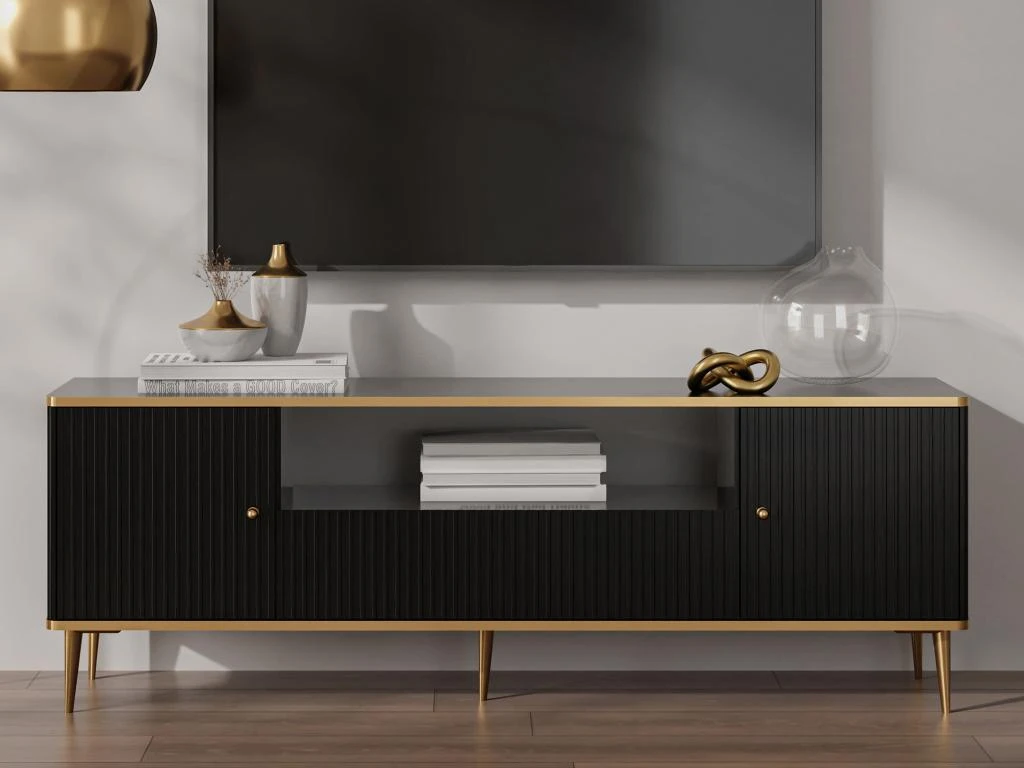 Meuble TV Avec 2 Portes, 1 Tiroir Et 1 Niche En MDF Et Acier - Noir Et Doré - SINEAD De Pascal MORABITO 4 Meuble TV Avec 2 Portes, 1 Tiroir Et 1 Niche En MDF Et Acier - Noir Et Doré - SINEAD De Pascal MORABITO – Image 2