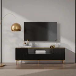 Meuble TV Avec 2 Portes, 1 Tiroir Et 1 Niche En MDF Et Acier - Noir Et Doré - SINEAD De Pascal MORABITO