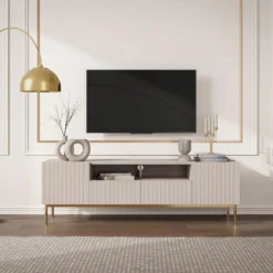 Meuble TV Avec 2 Portes, 2 Tiroirs Et 2 Niches En MDF Et Acier - Beige Et Doré - EVILANA