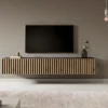 Meuble TV 175 Cm - Noir Avec Façade Artisanale Chêne Fraisé - TELIRE -Pas Cher Mobiliora Magasin meuble tv 13837835