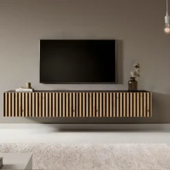 Meuble TV 175 Cm - Noir Avec Façade Artisanale Chêne Fraisé - TELIRE