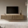 Meuble TV 175 Cm - En Chêne Artisan Avec Façade Fraisée Et Inserts Noirs - TELIRE