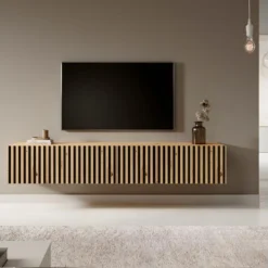 Meuble TV 175 Cm - En Chêne Artisan Avec Façade Fraisée Et Inserts Noirs - TELIRE