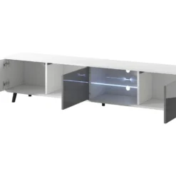 Meuble Tv / Banc Tv - Blanc Mat / Gris Brillant, 175 Cm, éclairage LED - GALHAD -Pas Cher Mobiliora Magasin meuble tv 13838055