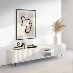 Meuble Tv Led 175 Cm Blanc, Façades à Lamelles Et Pieds Noirs - Selsey Bello -Pas Cher Mobiliora Magasin meuble tv 13903039